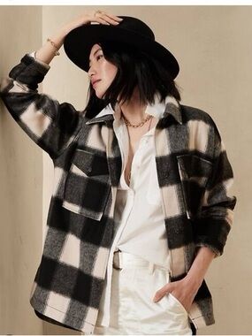 Banana Republic Plaid Shacket Jacket Womens XXS Petite Black White Buffalo Check